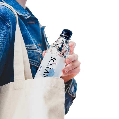 Icelandic Glacial bottle in a reusable tote bag